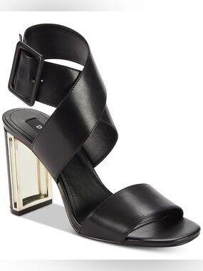 DKNY “Heidi” Black Leather Crisscross Sandal with Gold Block Heel